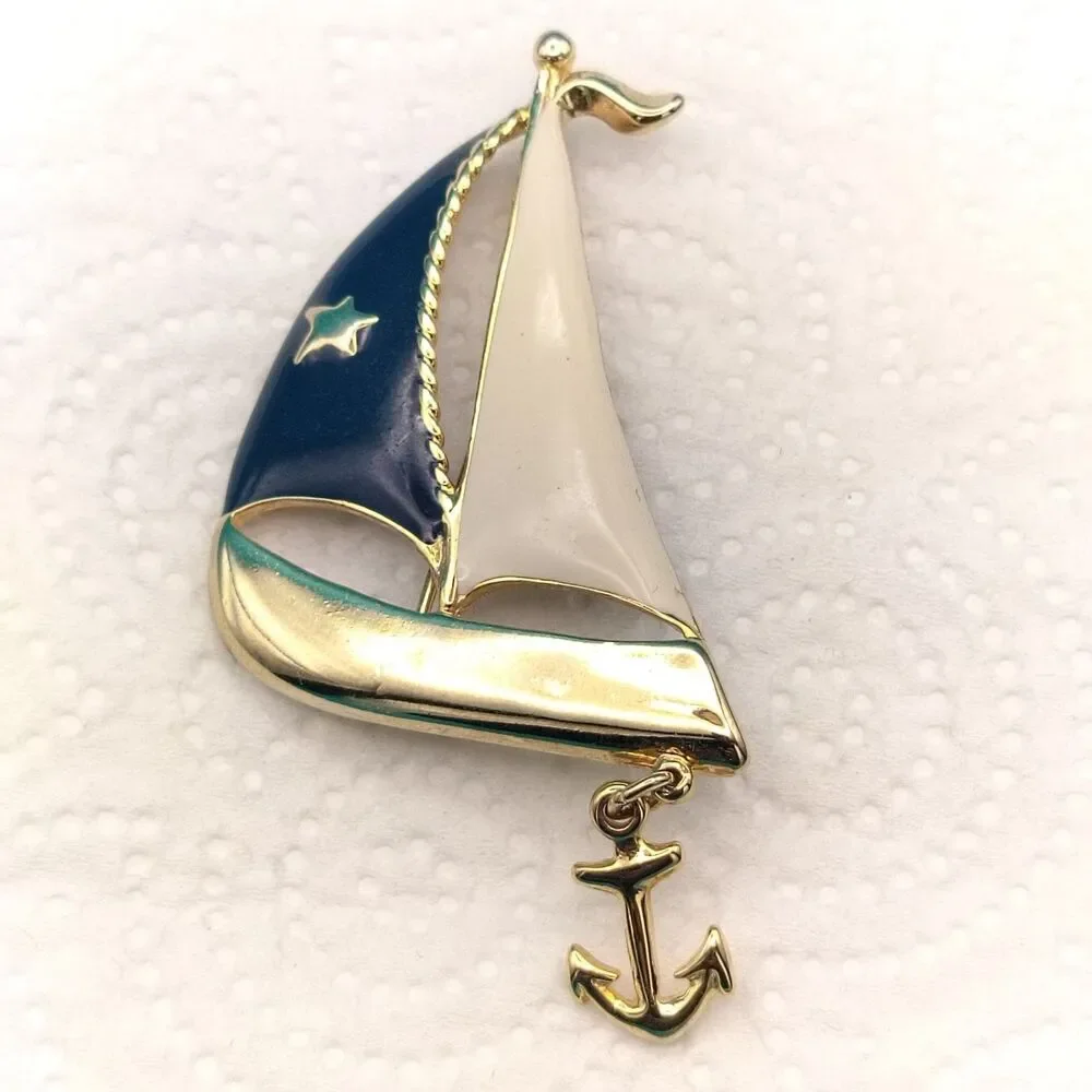 Nautical Sailboat Brooch Pin Gold Tone Enamel Star Anchor